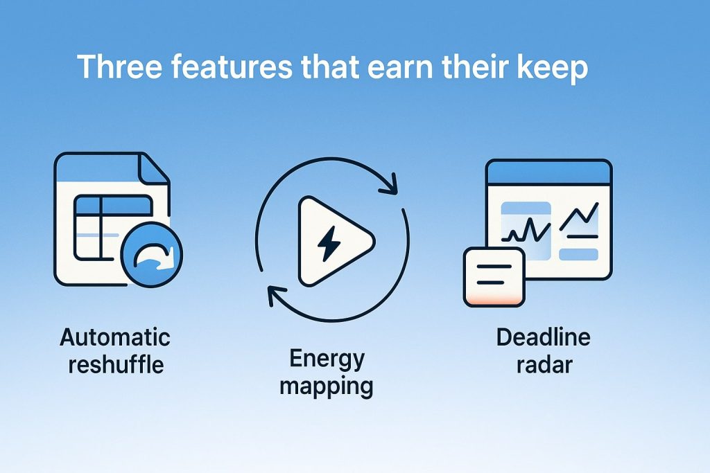 Icons for automatic calendar reshuffle, circular energy mapping play button and a deadline radar analytics panel
