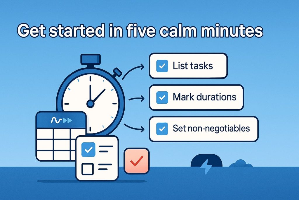 Stopwatch beside checklist icons—list tasks, mark durations, set non-negotiables, plus a mini Motion calendar