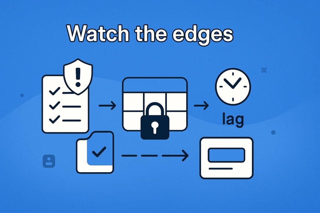 Checklist with shield, locked calendar grid, clock labelled lag and a document arrow warn about schedule edge cases